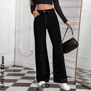 SHEIN EZwear High Waist Ribbed Slant Pocket
Cord Black Pants